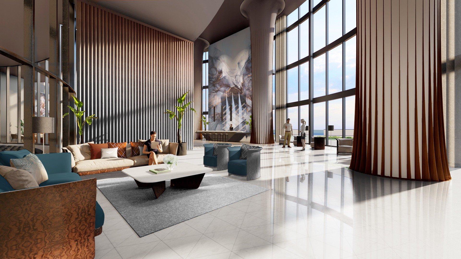 Bentley Residences Sunny Isles lobby interior design in Sunny Isles Beach; luxury and ultra luxury condos, preconstruction, grand arrival. Featuring modern.