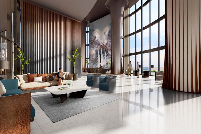 Bentley Residences Sunny Isles lobby interior design in Sunny Isles Beach; luxury and ultra luxury condos, preconstruction, grand arrival. Featuring modern.
