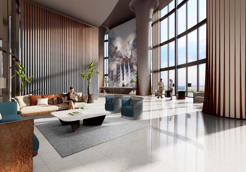 Bentley Residences Sunny Isles lobby interior design in Sunny Isles Beach; luxury and ultra luxury condos, preconstruction, grand arrival. Featuring modern.
