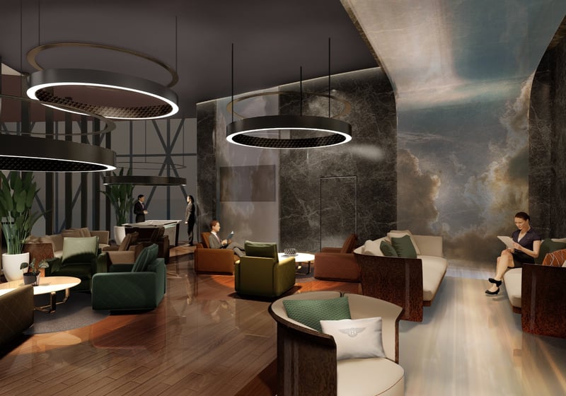 Bentley Residences Sunny Isles lounge interior in Sunny Isles Beach; luxury and ultra luxury condos, preconstruction, refined gathering space. Featuring modern design.