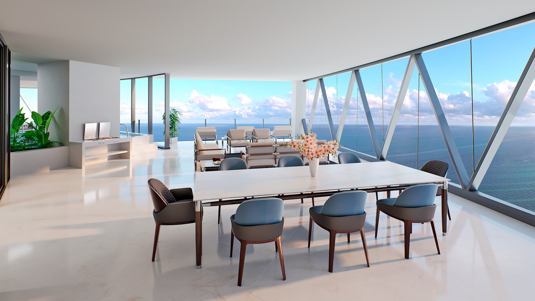 Bentley Residences Sunny Isles ocean‑view living space interior in Sunny Isles Beach; luxury and ultra luxury condos, preconstruction, open‑plan design. Featuring modern.