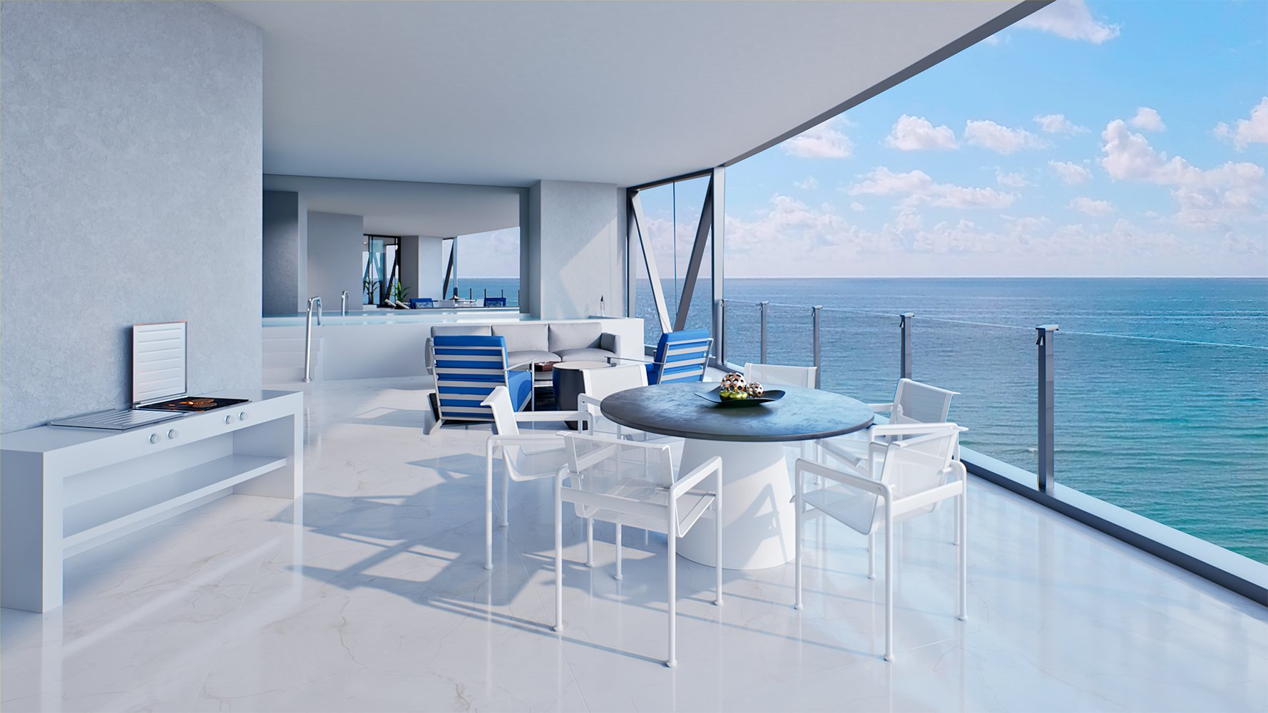 Bentley Residences Sunny Isles oceanfront balcony lounge in Sunny Isles Beach; luxury and ultra luxury condos, preconstruction, alfresco living. Featuring modern.