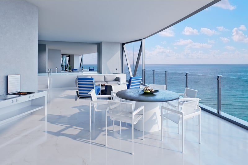 Bentley Residences Sunny Isles oceanfront balcony lounge in Sunny Isles Beach; luxury and ultra luxury condos, preconstruction, alfresco living. Featuring modern.