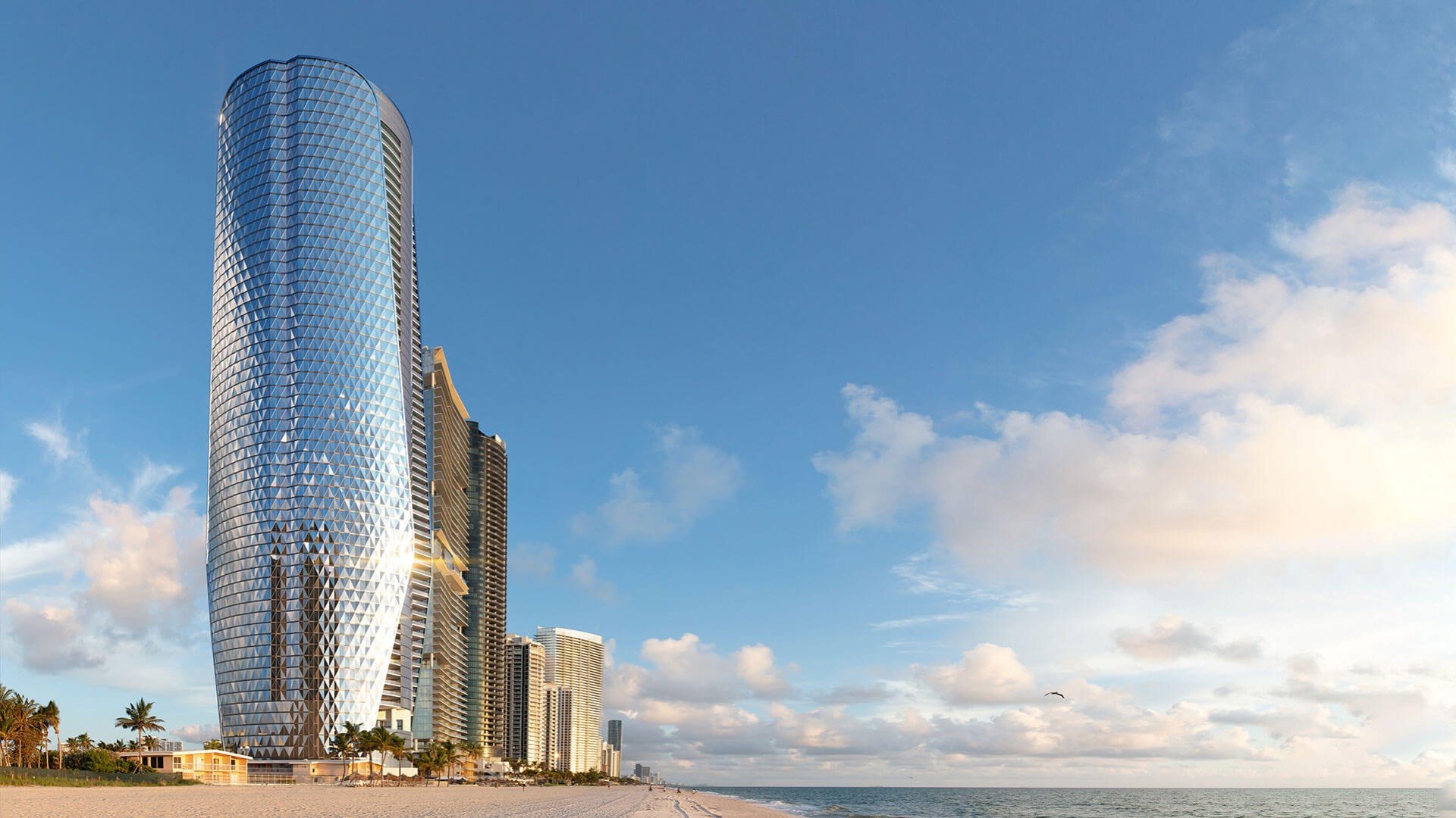 Bentley Residences Sunny Isles beachfront skyscraper at sunset in Sunny Isles Beach; luxury and ultra luxury condos, preconstruction, dramatic skyline. Featuring modern.