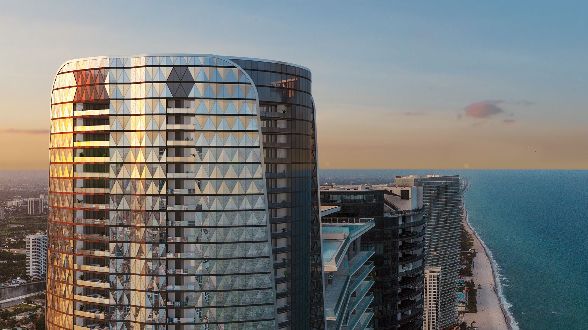 Bentley Residences Sunny Isles coastal skyscraper at sunset in Sunny Isles Beach; luxury and ultra luxury condos, preconstruction, resort coastline. Featuring modern.