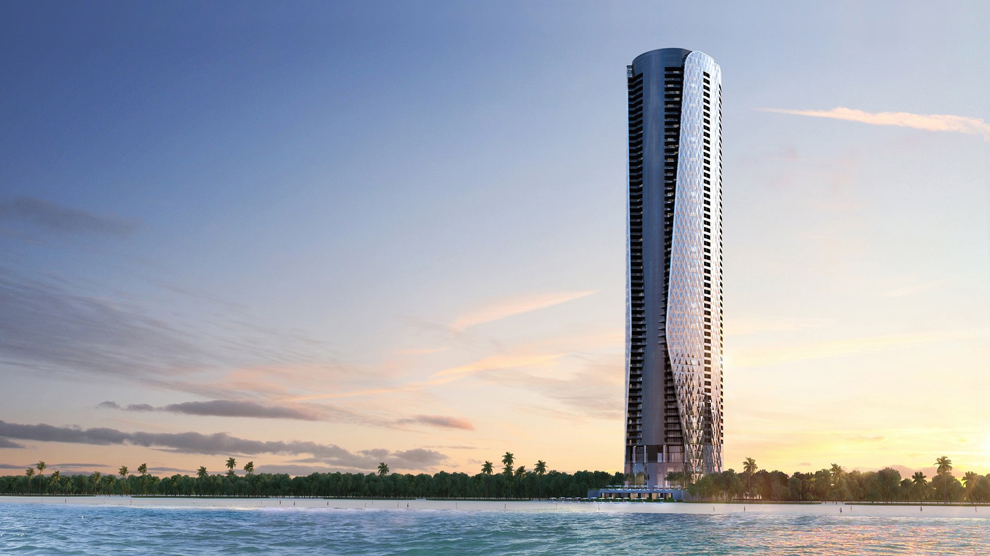 Bentley Residences Sunny Isles seaside skyscraper at sunset in Sunny Isles Beach; luxury and ultra luxury condos, preconstruction, waterfront tower.