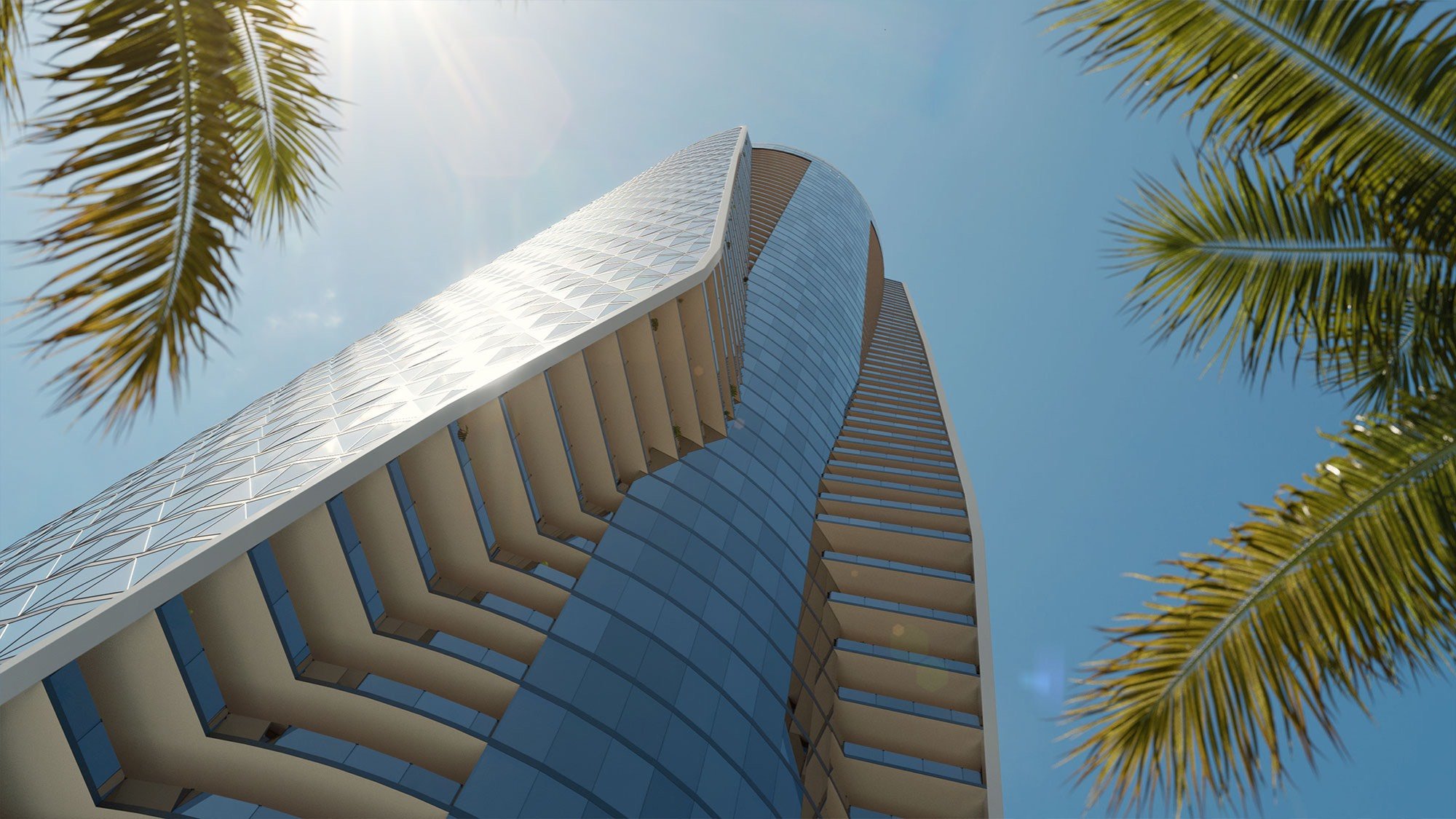 Bentley Residences Sunny Isles skyscraper with palms in Sunny Isles Beach; luxury and ultra luxury condos, preconstruction, tropical setting. Featuring modern.