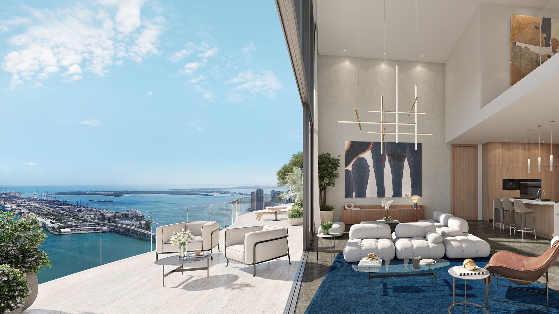 Casa Bella Downtown Miami double-height living room with modern kitchen and expansive terrace overlooking Biscayne Bay, showcasing luxury and ultra luxury preconstruction condos with open-concept design.
