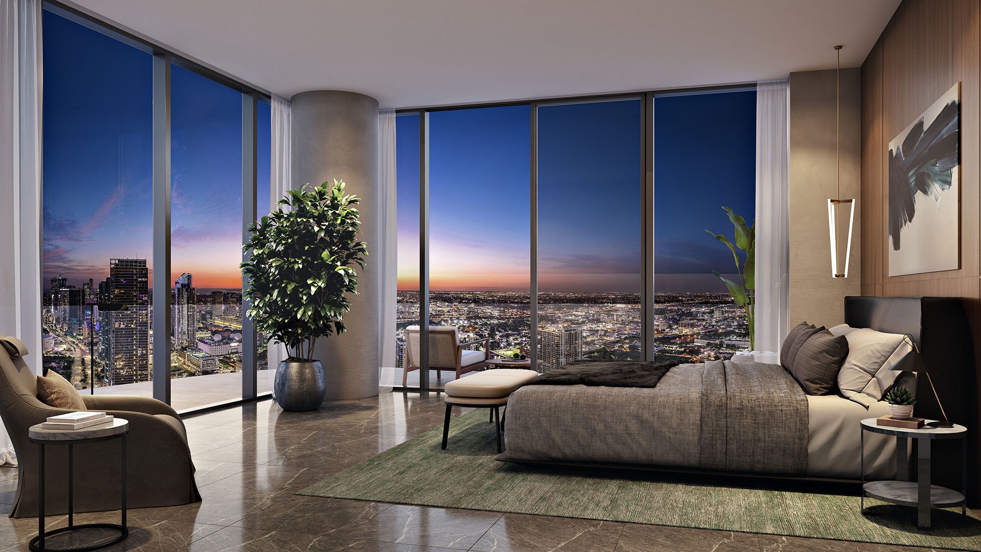 Casa Bella Downtown Miami luxury bedroom with floor-to-ceiling windows, plush bedding and sunset city lights view, featuring ultra luxury preconstruction condos designed for skyline living.