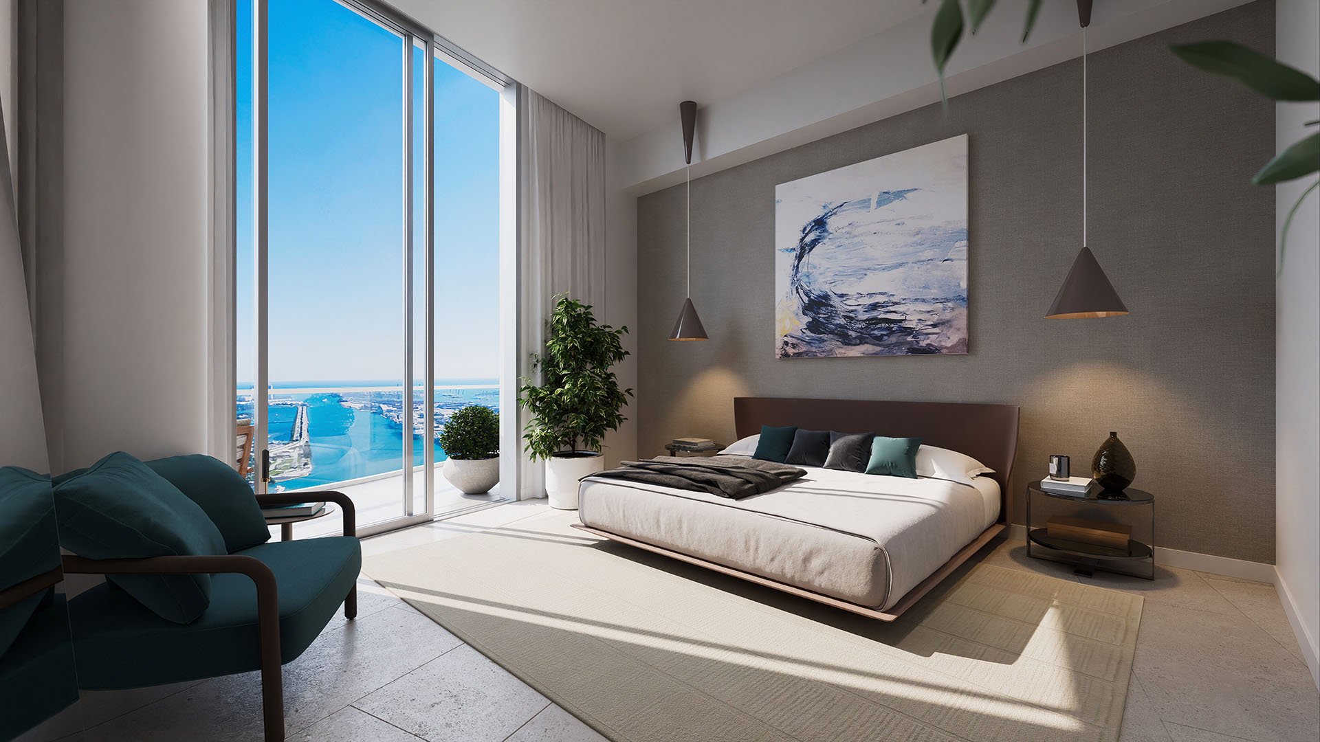 Sunlit primary bedroom at Casa Bella Downtown Miami in Downtown Miami, FL, with floor-to-ceiling windows and Biscayne Bay views, showcasing luxury and ultra luxury preconstruction condos with private balcony access and designer lighting.