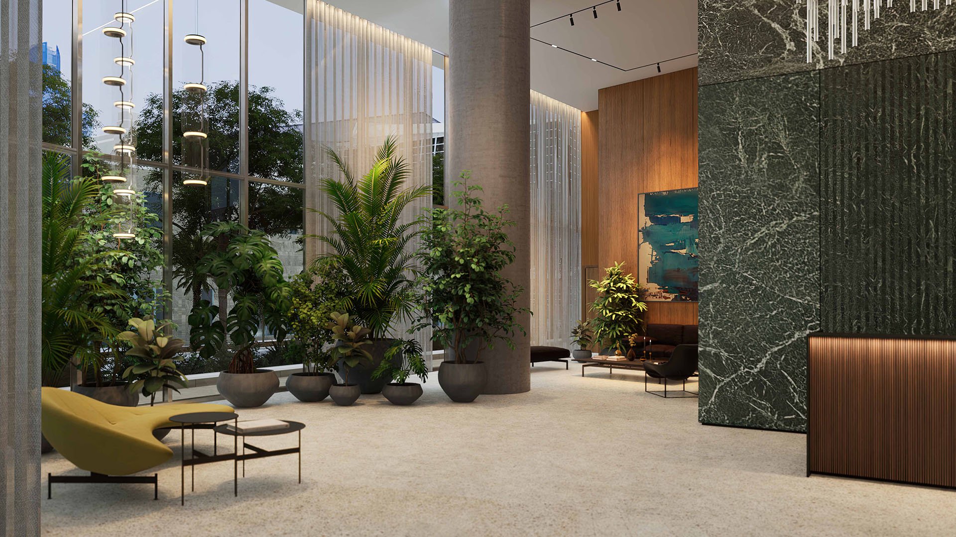 Casa Bella Downtown Miami grand lobby with floor-to-ceiling glass, indoor garden seating and marble accents, showcasing luxury and ultra luxury preconstruction condos arrival and concierge experience.