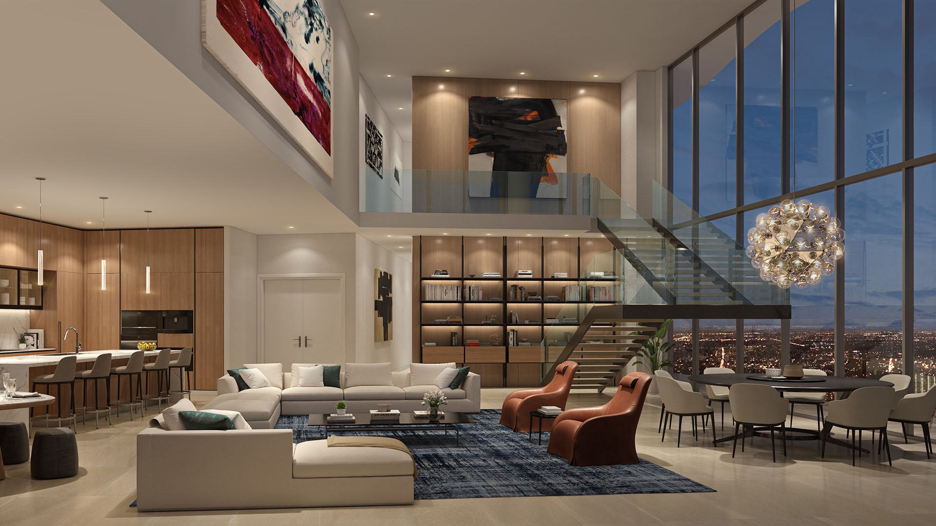 Casa Bella by B&B Italia Downtown Miami duplex living room with double-height ceilings, glass staircase, designer kitchen and skyline night view, showcasing luxury and ultra luxury preconstruction condos.