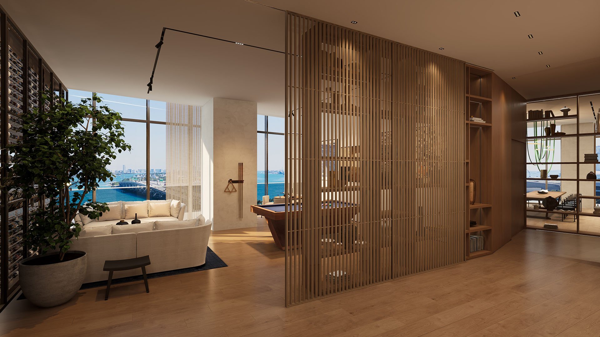 Casa Bella by B&B Italia Downtown Miami amenity lounge with wine wall, slatted wood screen and billiards near floor-to-ceiling windows overlooking Biscayne Bay, highlighting luxury and ultra luxury preconstruction condos.