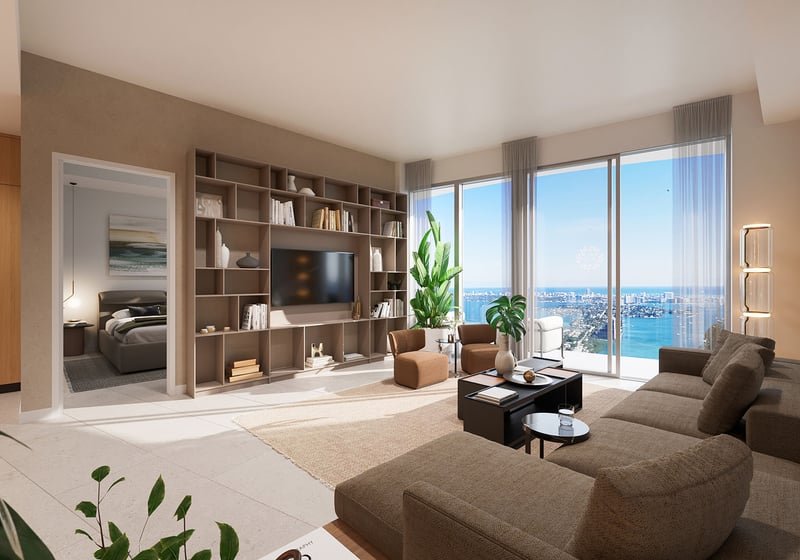 Casa Bella by B&B Italia Downtown Miami residence living room with built-in media library, adjacent bedroom entry and balcony doors framing city and bay views, showcasing luxury and ultra luxury preconstruction condos.