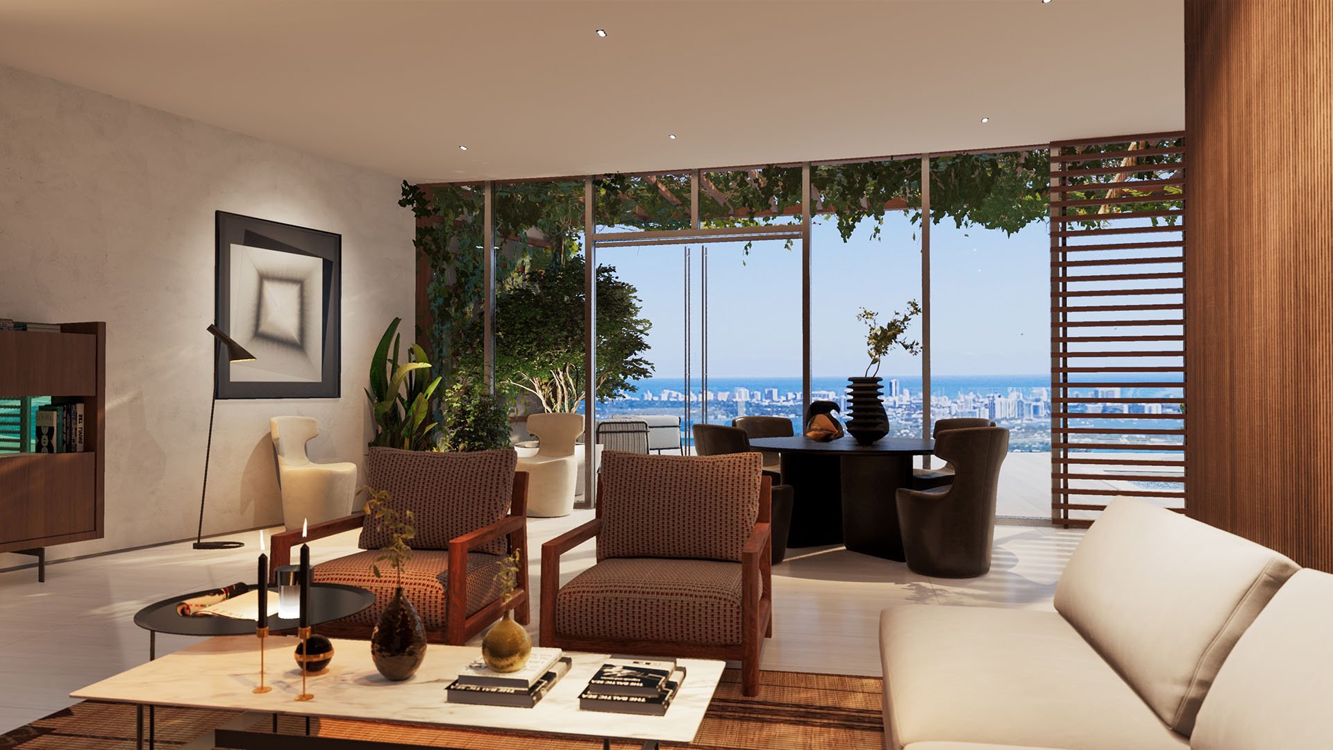 Casa Bella by B&B Italia Downtown Miami indoor-outdoor living room opening to a lush terrace and skyline horizon, curated for luxury and ultra luxury preconstruction condos lifestyle.