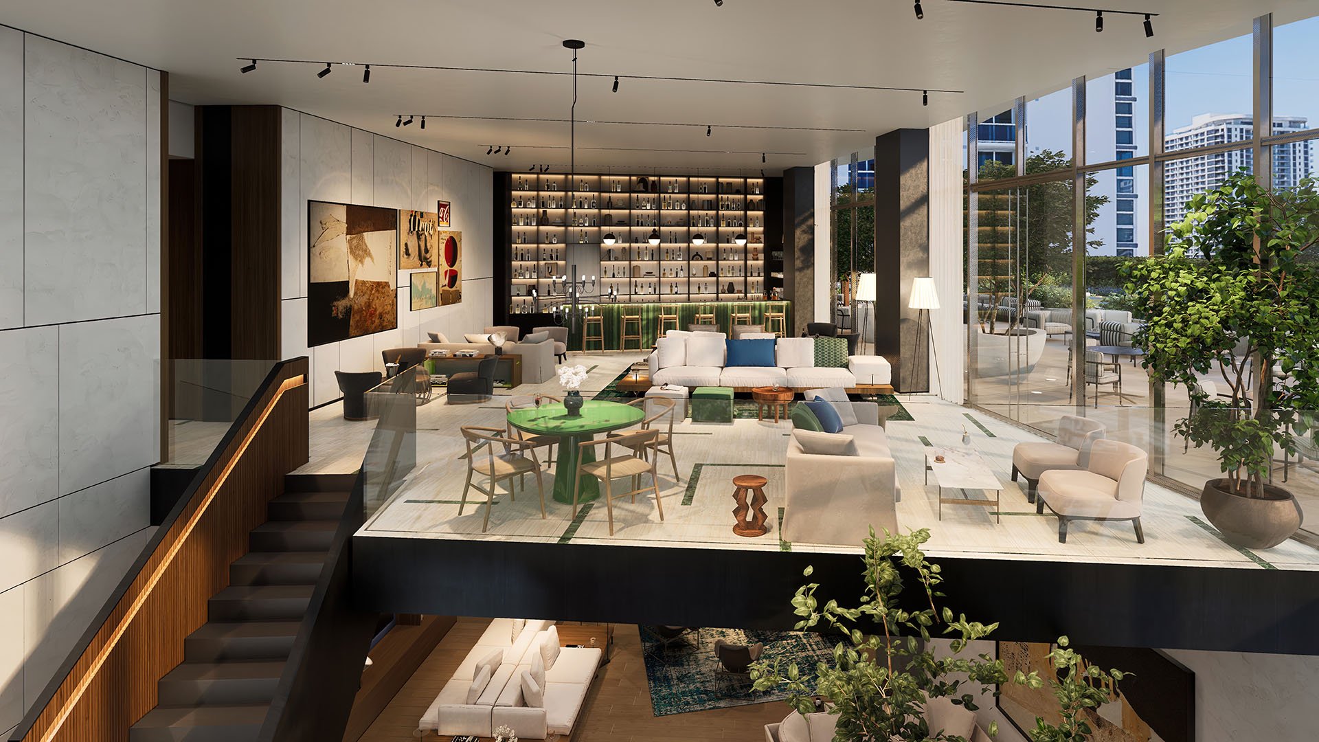 Casa Bella by B&B Italia Downtown Miami resident lounge with full bar, designer seating, double-height windows and terrace access, highlighting luxury and ultra luxury preconstruction condos amenities.