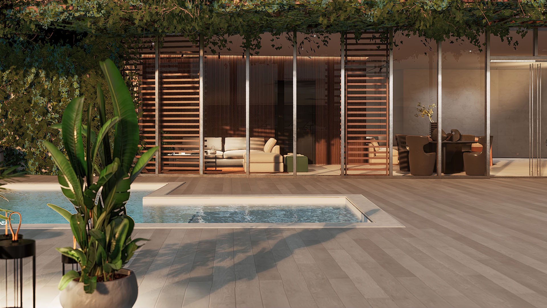Casa Bella Downtown Miami poolside patio with wood-slat screens, indoor-outdoor lounge and dining, showcasing luxury and ultra luxury preconstruction condos with private terrace amenity.
