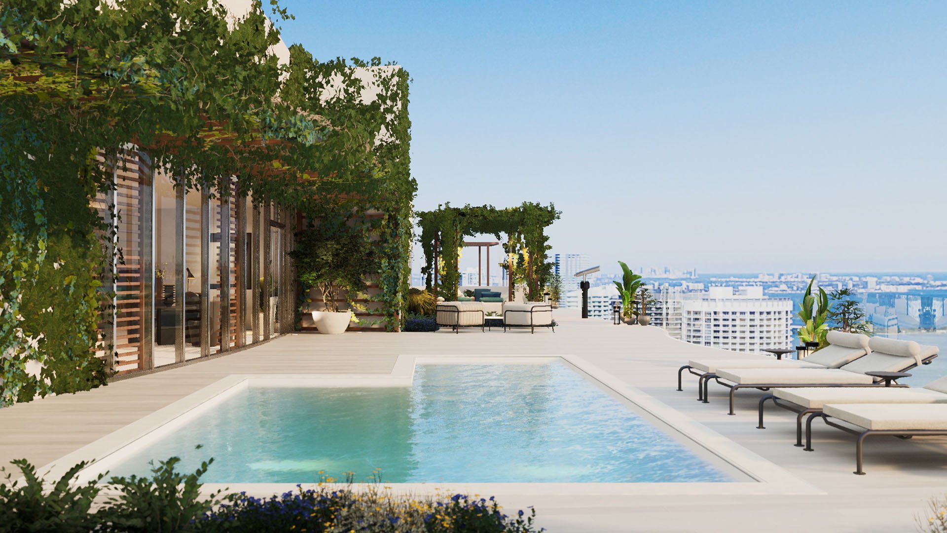 Casa Bella Downtown Miami rooftop pool oasis with pergola gardens, sun loungers and skyline backdrop, featuring luxury and ultra luxury preconstruction condos lifestyle in Downtown Miami.