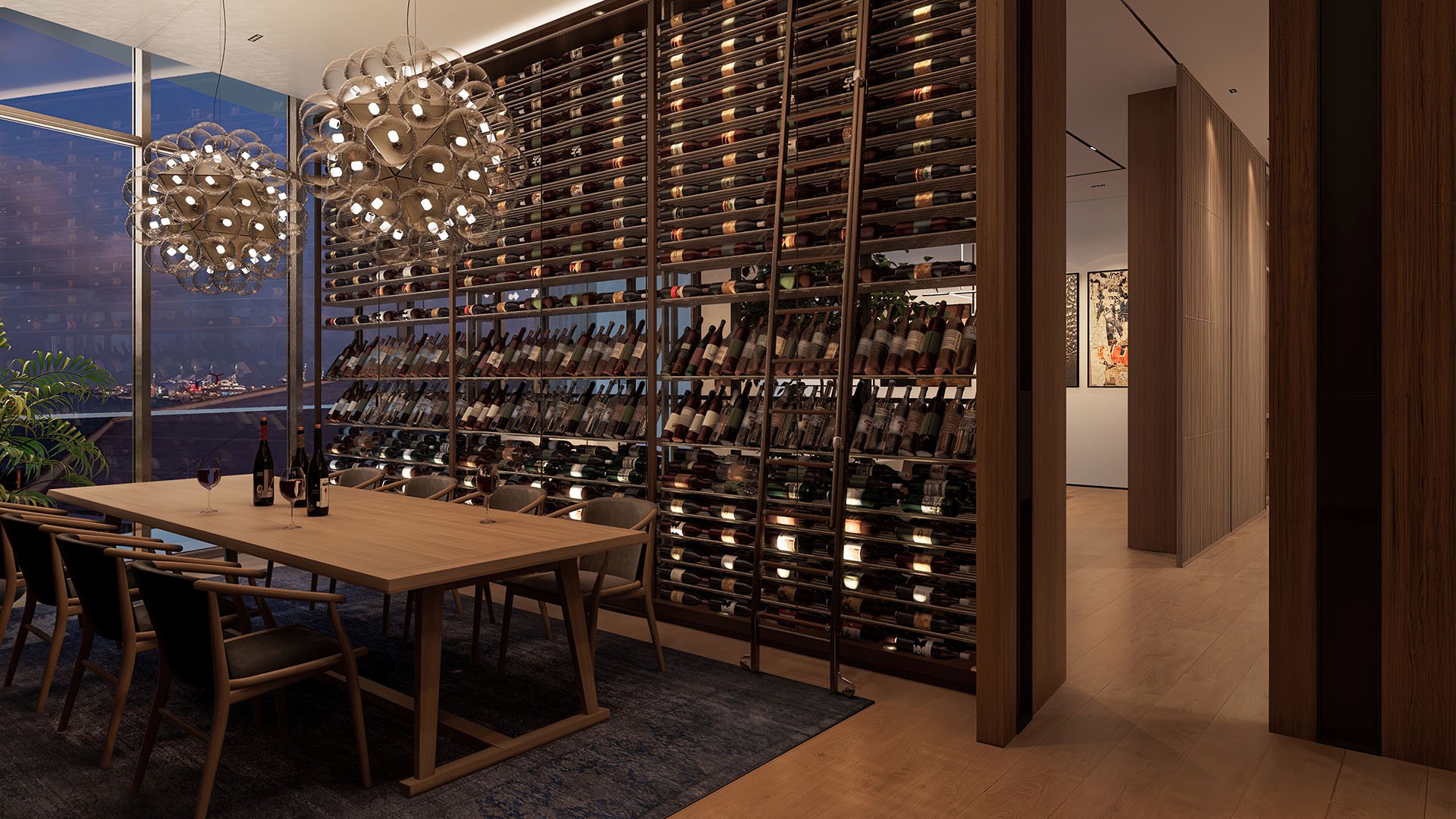 Casa Bella Downtown Miami private wine cellar dining room with floor-to-ceiling bottle display and city views, highlighting luxury and ultra luxury preconstruction condos entertaining spaces.