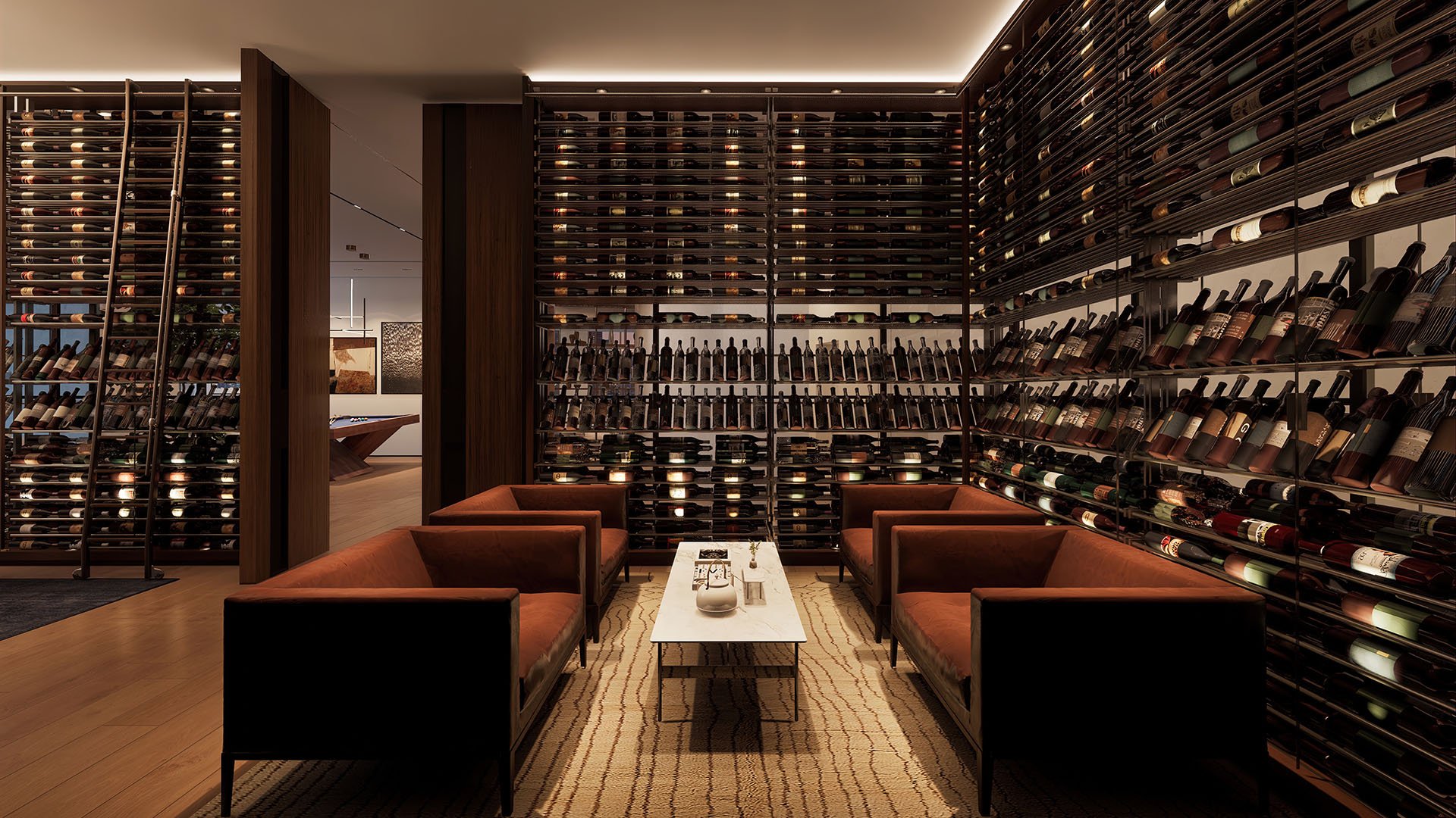 Casa Bella Downtown Miami wine cellar lounge with curated bottle walls, plush seating and billiards room entry, highlighting luxury and ultra luxury preconstruction condos lifestyle.