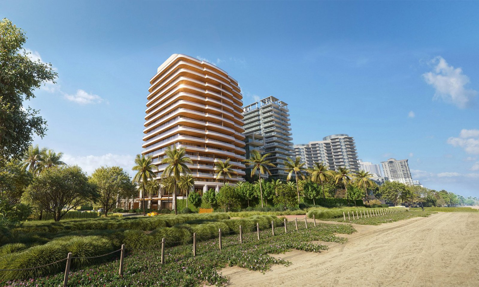 Casa Cipriani, Miami, coastal modern building on a sunny day, ultra luxury setting amid waterfront luxury condos, with preconstruction and resale options in the area. Featuring apartments.