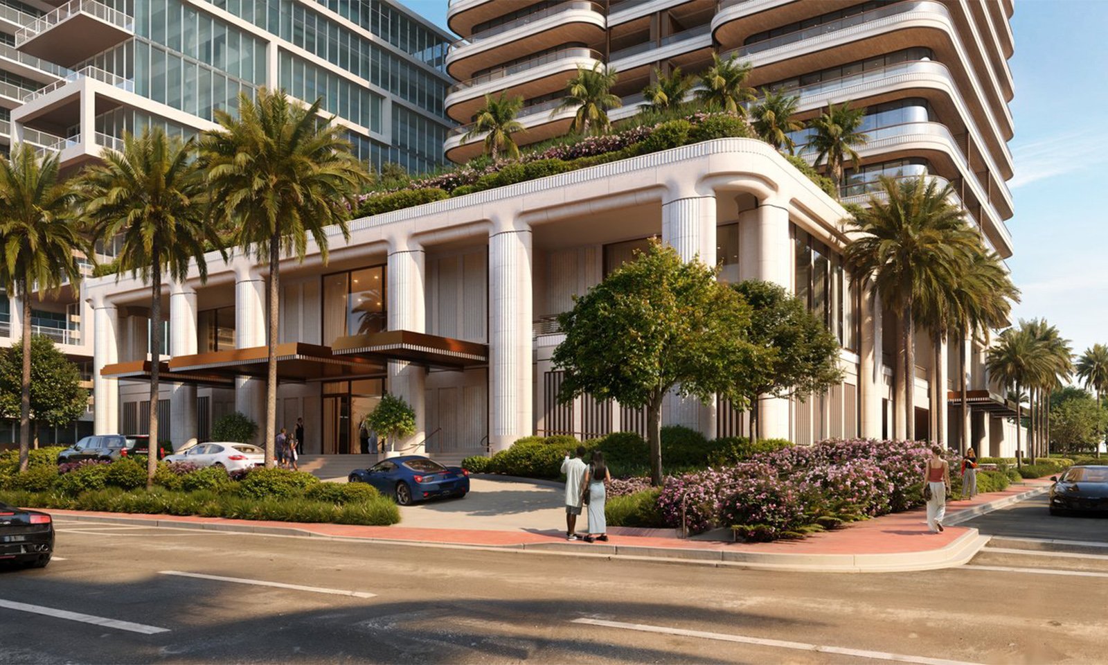 Casa Cipriani, Miami entrance framed by palm trees and contemporary lines, ultra luxury atmosphere surrounded by luxury condos; preconstruction and resale market. Featuring modern and building.