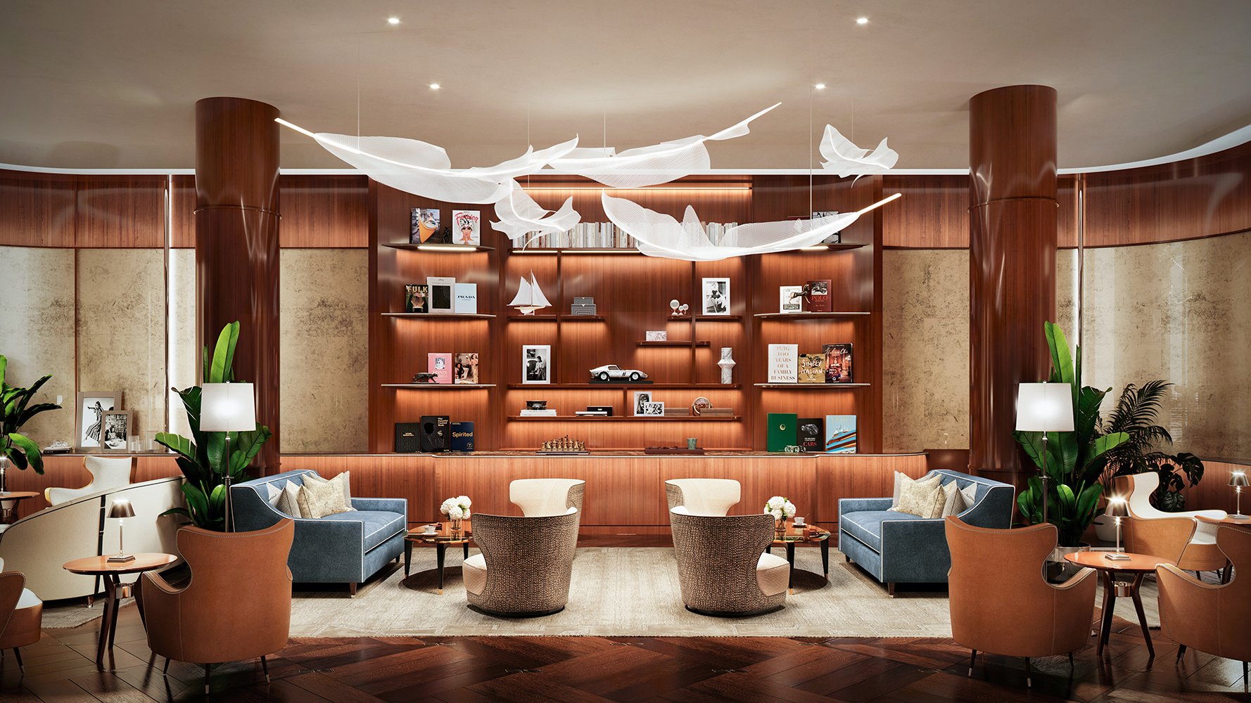 Cipriani Residences Brickell lounge with modern wooden shelves; luxury design for ultra luxury preconstruction condos in Brickell, Miami. Featuring interior.