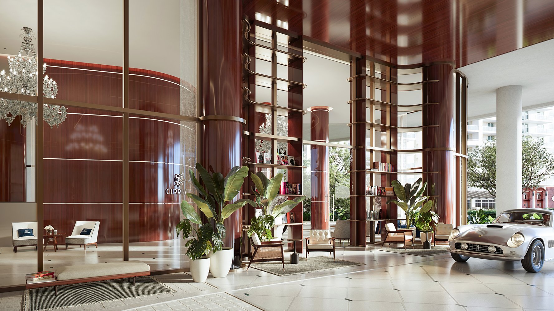 Cipriani Residences Brickell grand hotel-style lobby interior; luxury arrival for ultra luxury preconstruction condos in Brickell, Miami. Featuring luxurious.