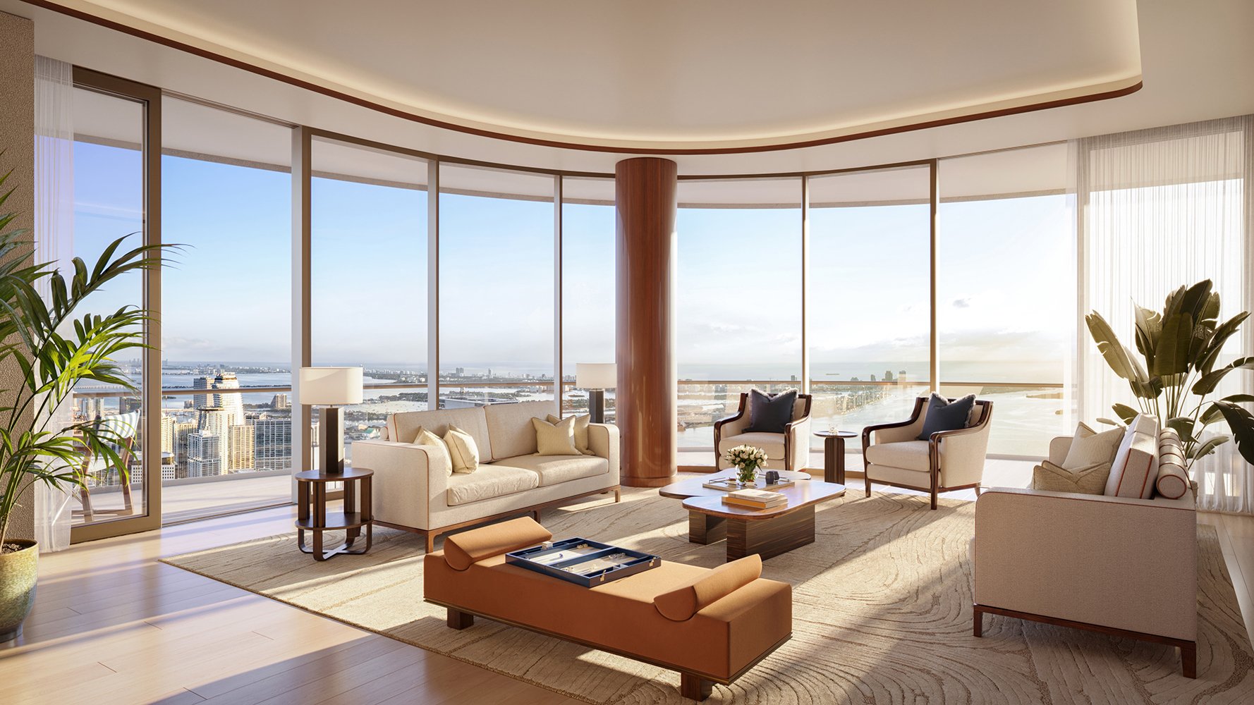 Cipriani Residences Brickell living room with skyline view; luxury interiors for ultra luxury preconstruction condos in Brickell, Miami. Featuring luxurious and interior.