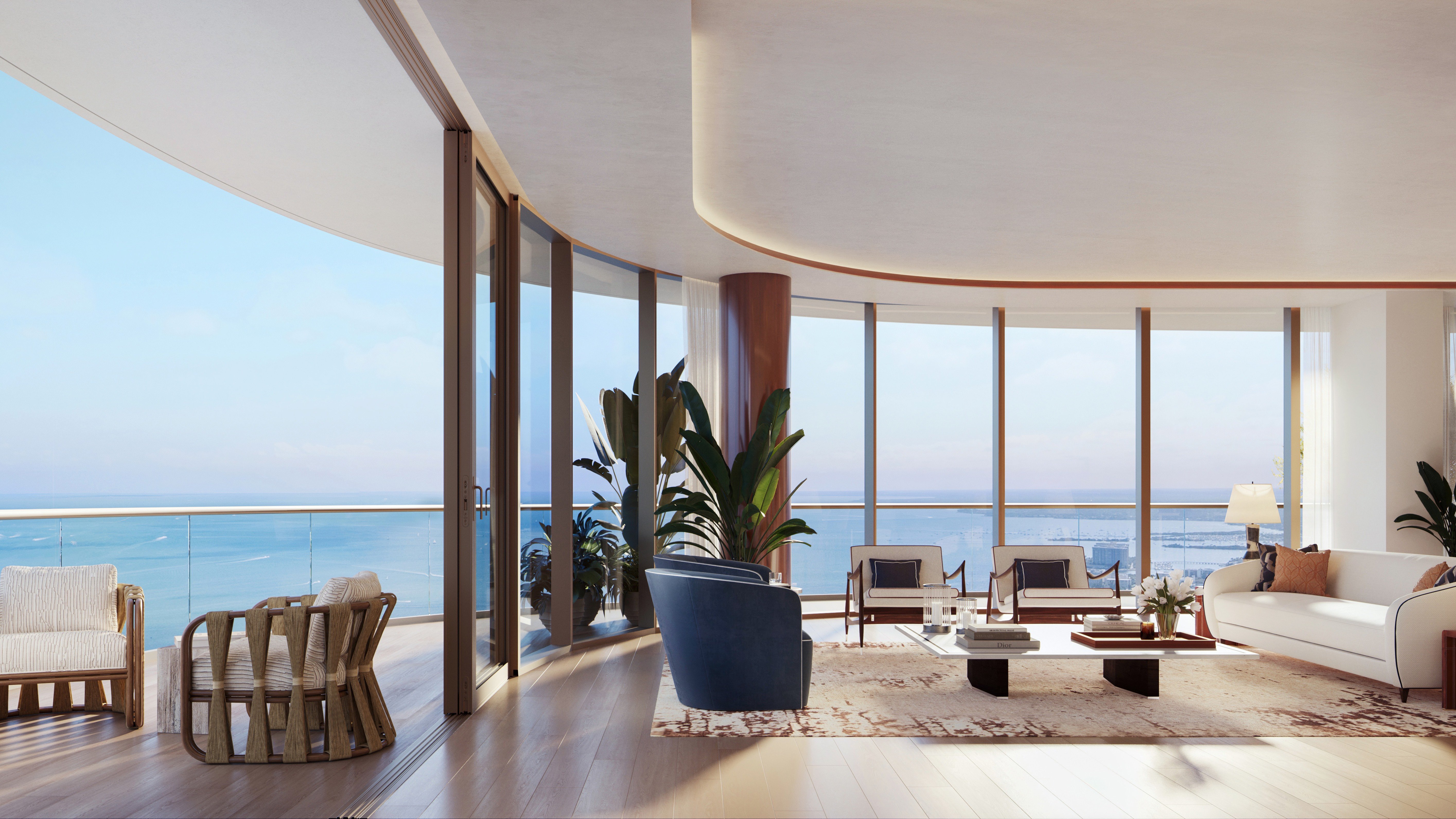 Cipriani Residences Brickell waterfront living room; luxury interiors for ultra luxury preconstruction condos with bay views in Brickell, Miami. Featuring luxurious.
