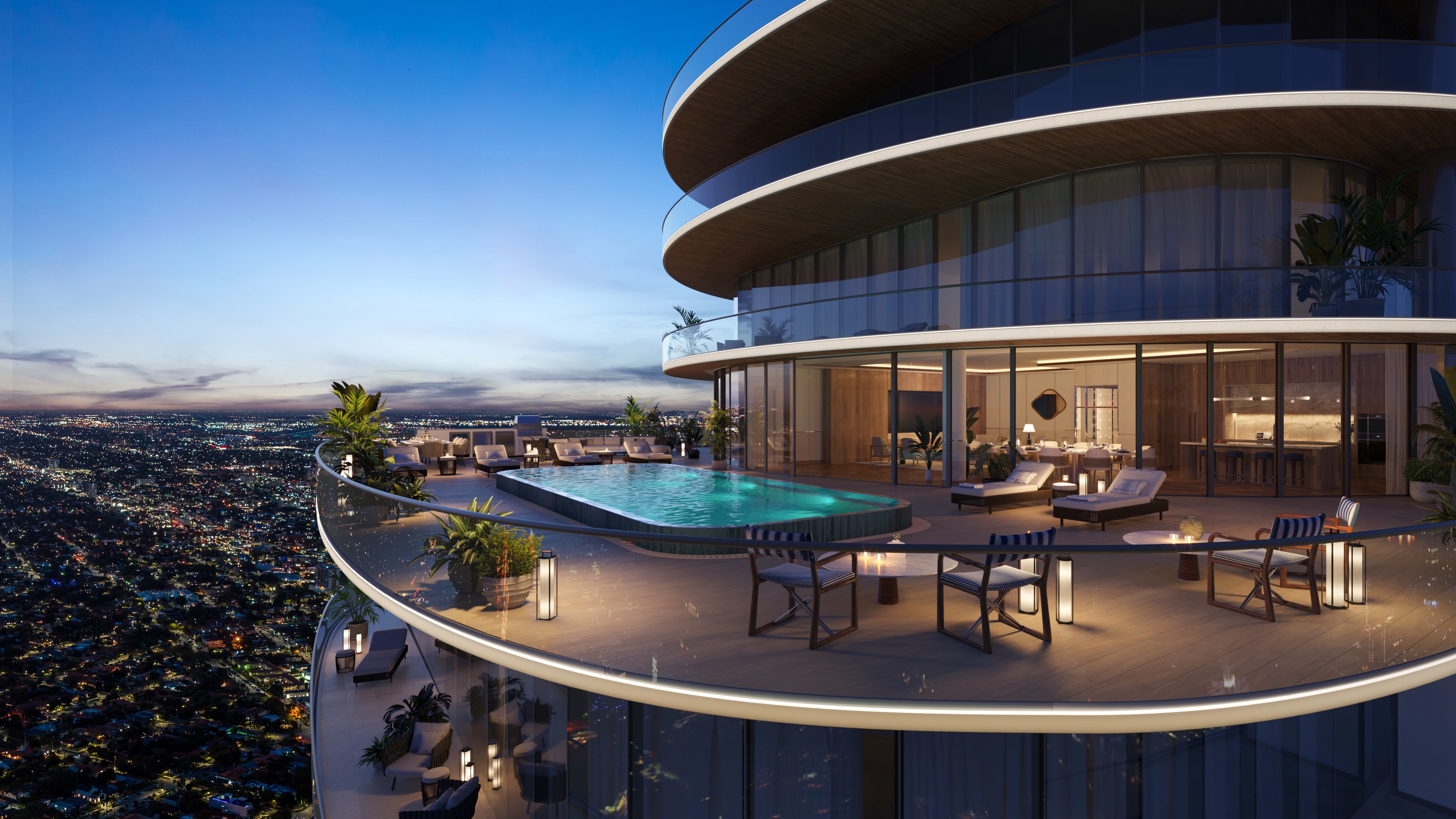 Cipriani Residences Brickell apartment balcony night view; luxury outdoor living for ultra luxury preconstruction condos in Brickell, Miami.
