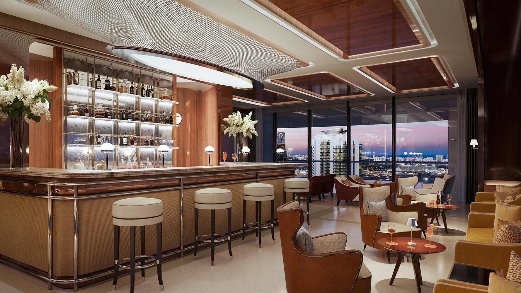 Cipriani Residences Brickell bar interior with city view; luxury social amenity for ultra luxury preconstruction condos in Brickell, Miami.
