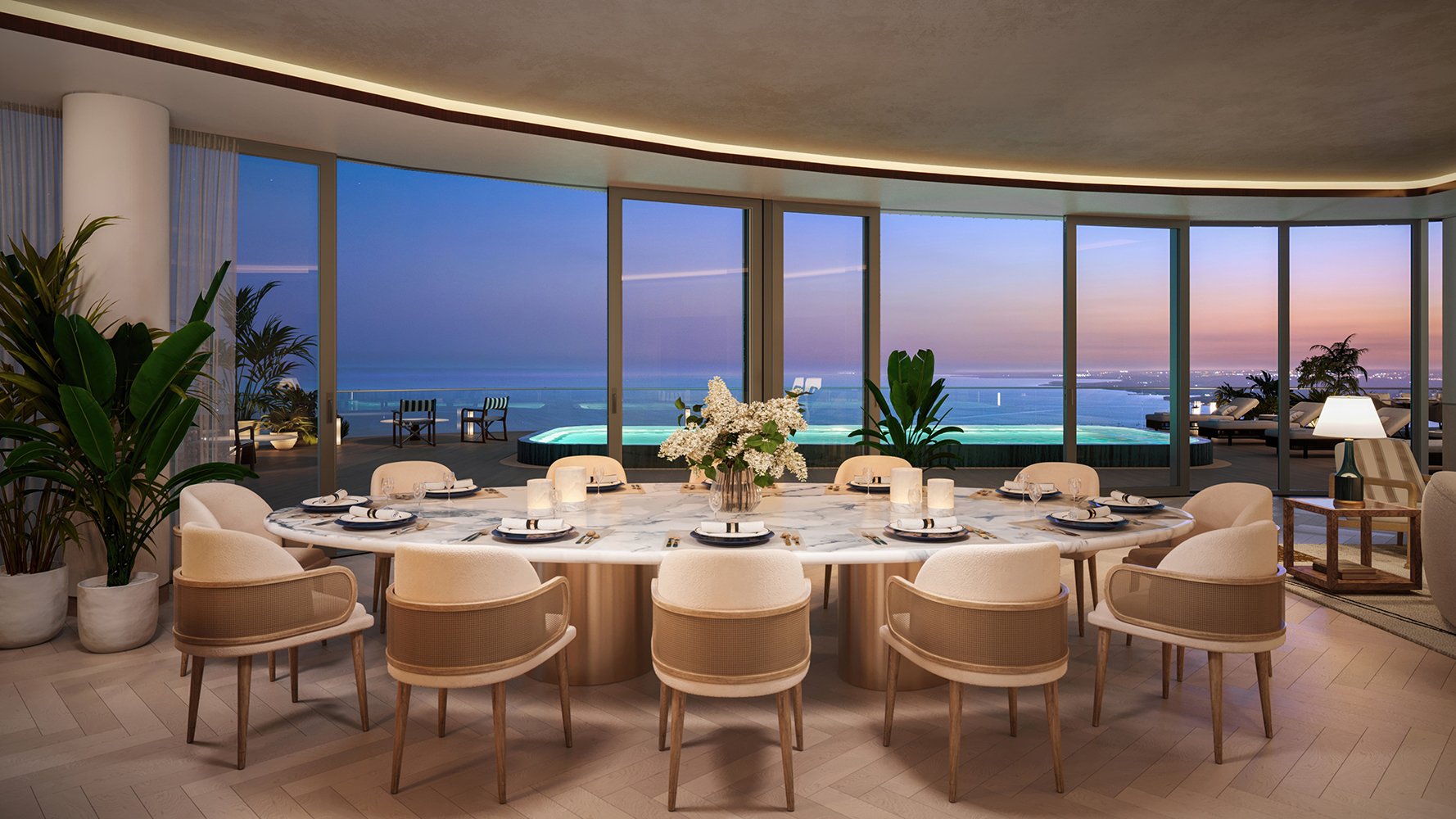 Cipriani Residences Brickell dining room with ocean-view sunset; luxury entertaining space for ultra luxury preconstruction condos in Brickell, Miami.