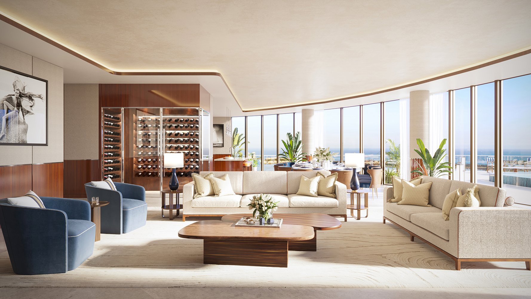 Cipriani Residences Brickell elegant living room interior design; luxury finishes for ultra luxury preconstruction condos in Brickell, Miami.