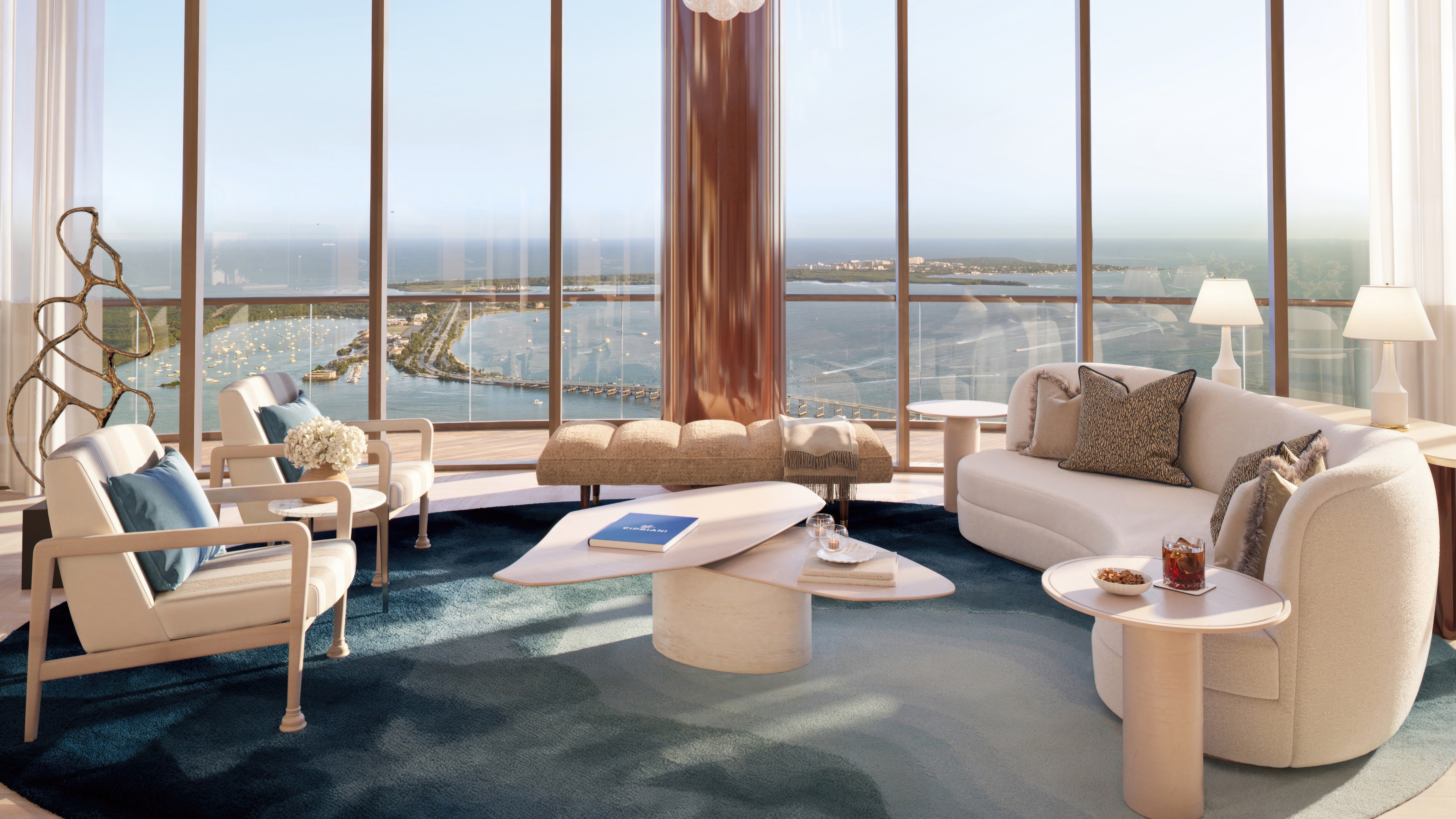 Cipriani Residences Brickell living room with ocean view; luxury waterfront interiors for ultra luxury preconstruction condos in Brickell, Miami.