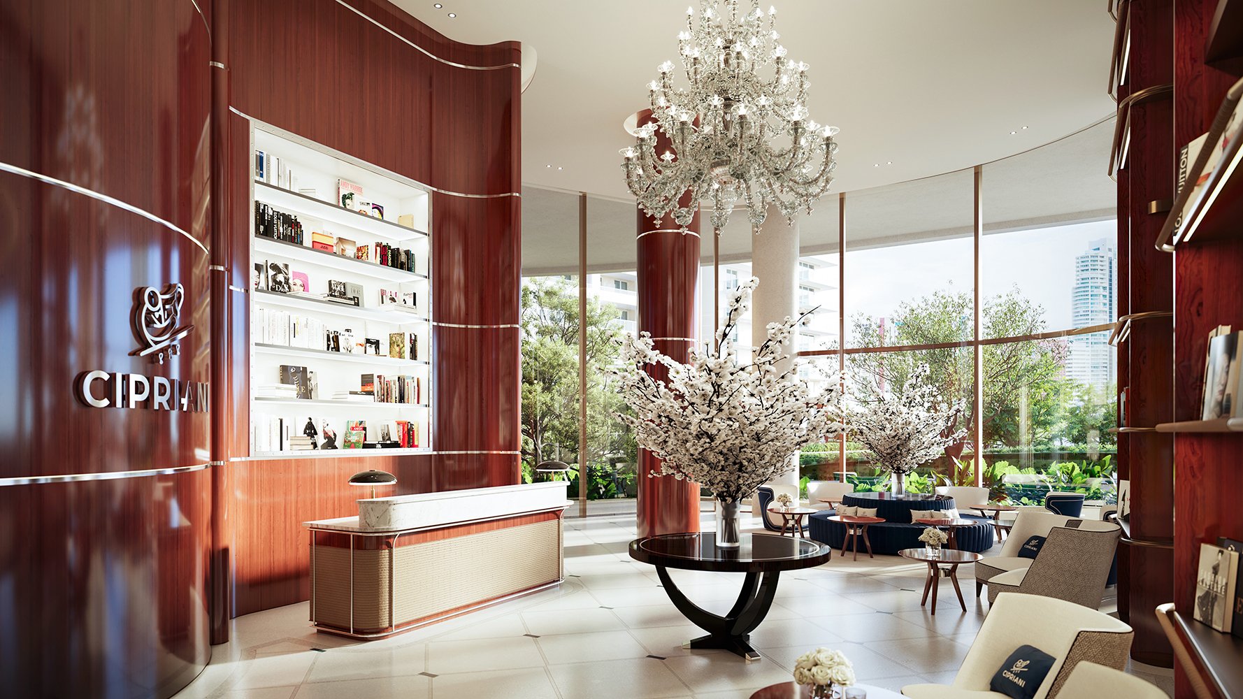 Cipriani Residences Brickell lobby interior; luxury arrival for ultra luxury preconstruction condos in Brickell, Miami.