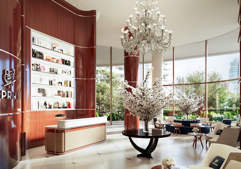 Cipriani Residences Brickell lobby interior; luxury arrival for ultra luxury preconstruction condos in Brickell, Miami.