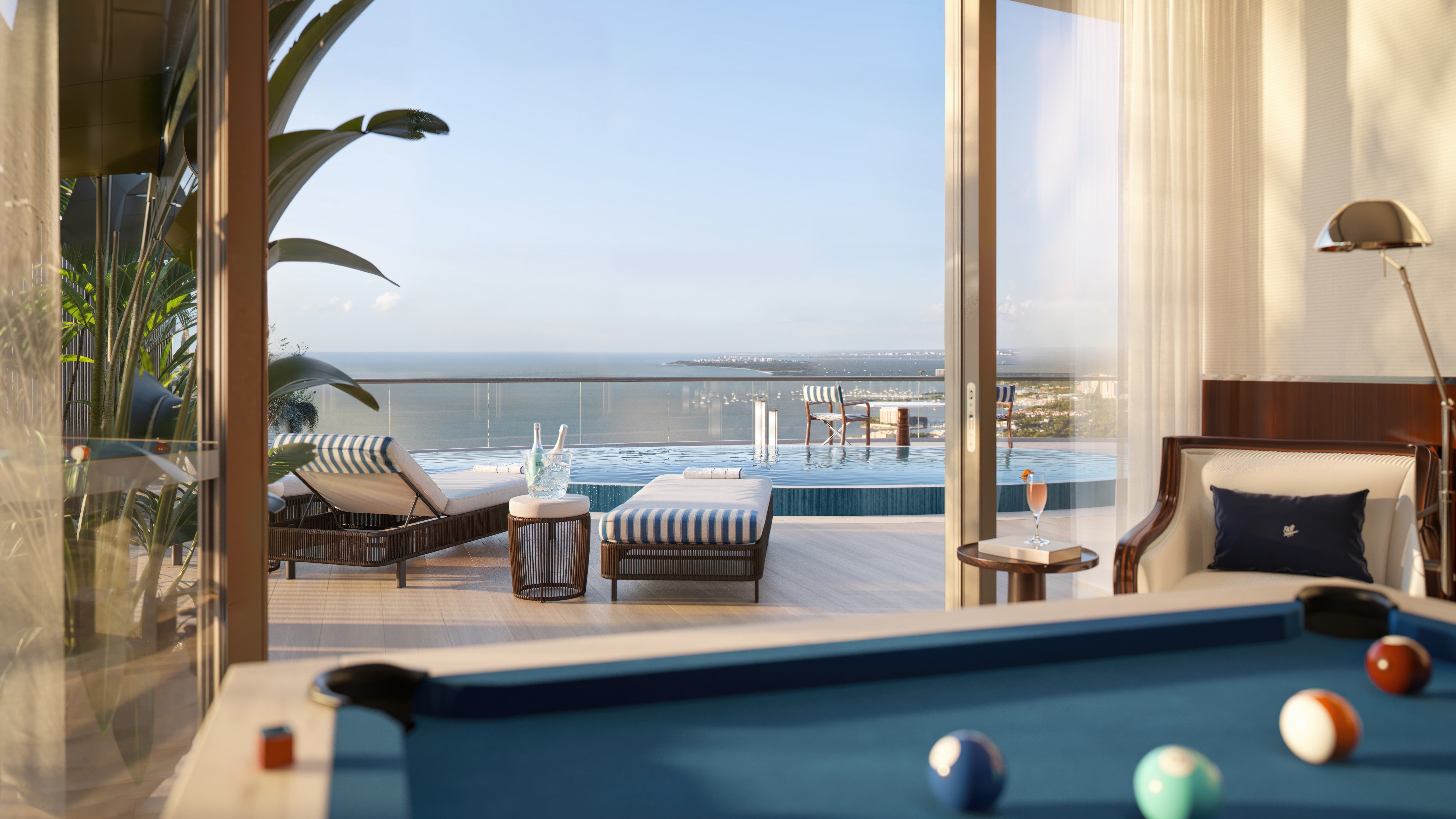 Cipriani Residences Brickell pool-view game room; luxury amenity for ultra luxury preconstruction condos in Brickell, Miami.