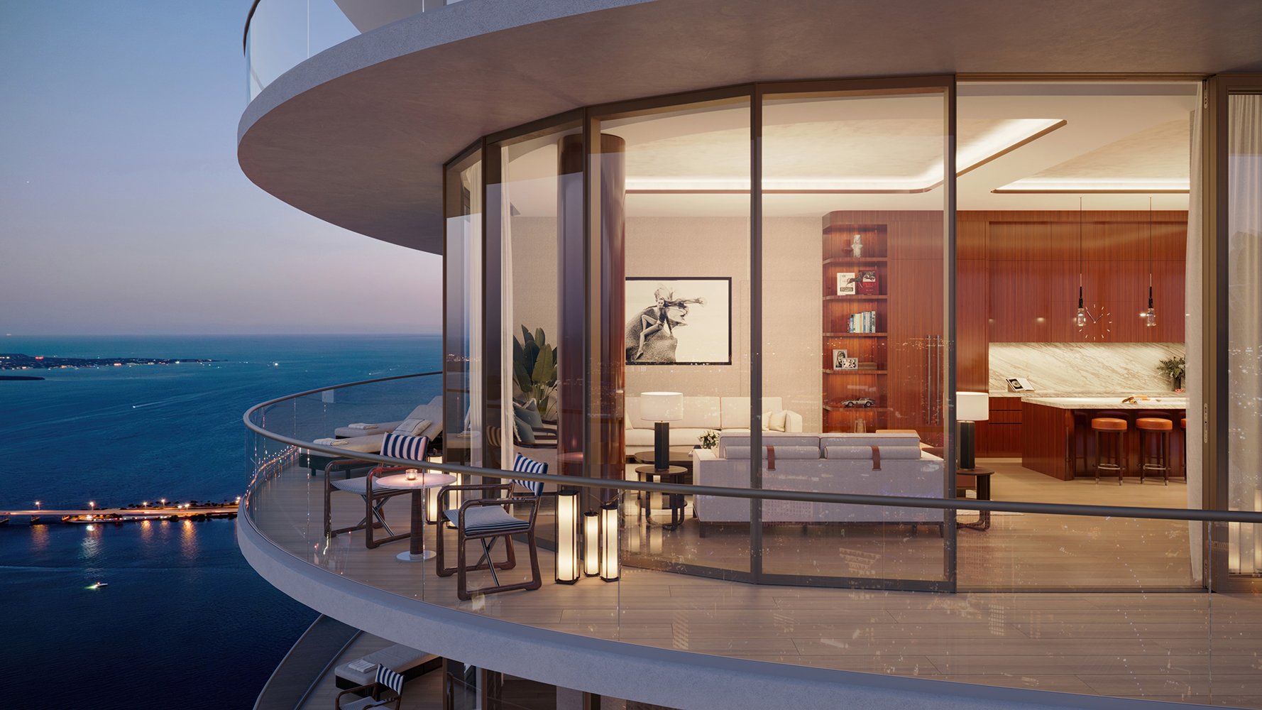 Cipriani Residences Brickell balcony at sunset with ocean view; luxury outdoor living for ultra luxury preconstruction condos in Brickell, Miami.