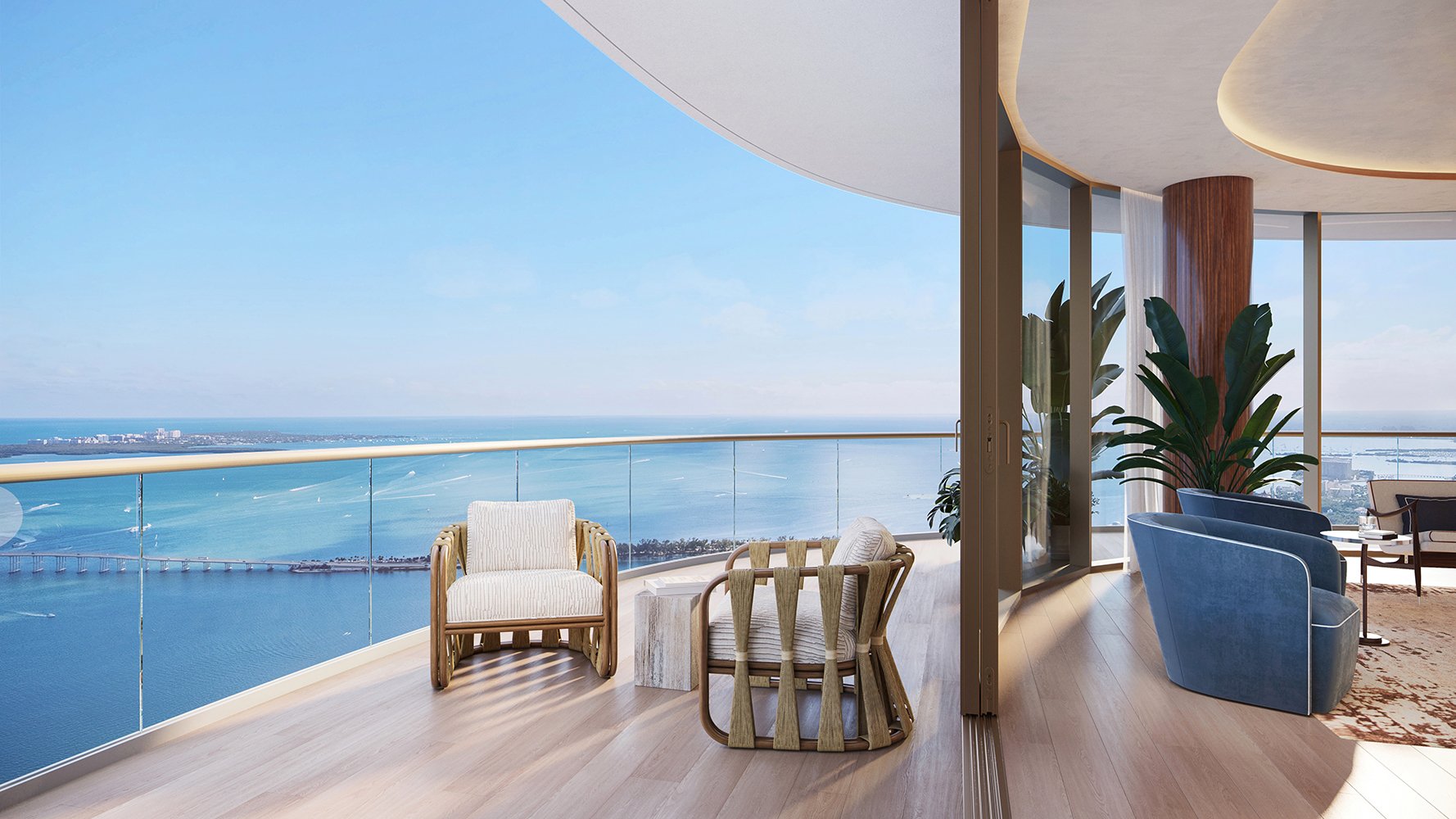 Cipriani Residences Brickell balcony with ocean skyline view; luxury terrace for ultra luxury preconstruction condos in Brickell, Miami. Featuring modern.