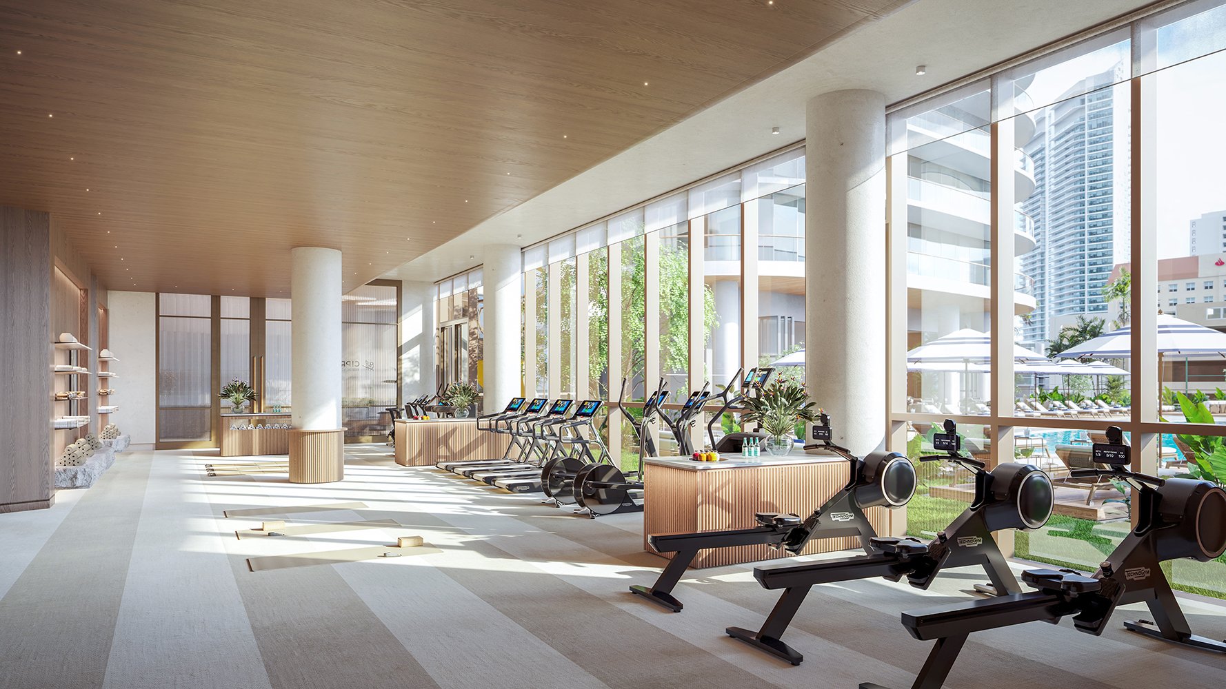 Cipriani Residences Brickell gym with premium equipment; luxury wellness amenity for ultra luxury preconstruction condos in Brickell, Miami. Featuring modern interior.