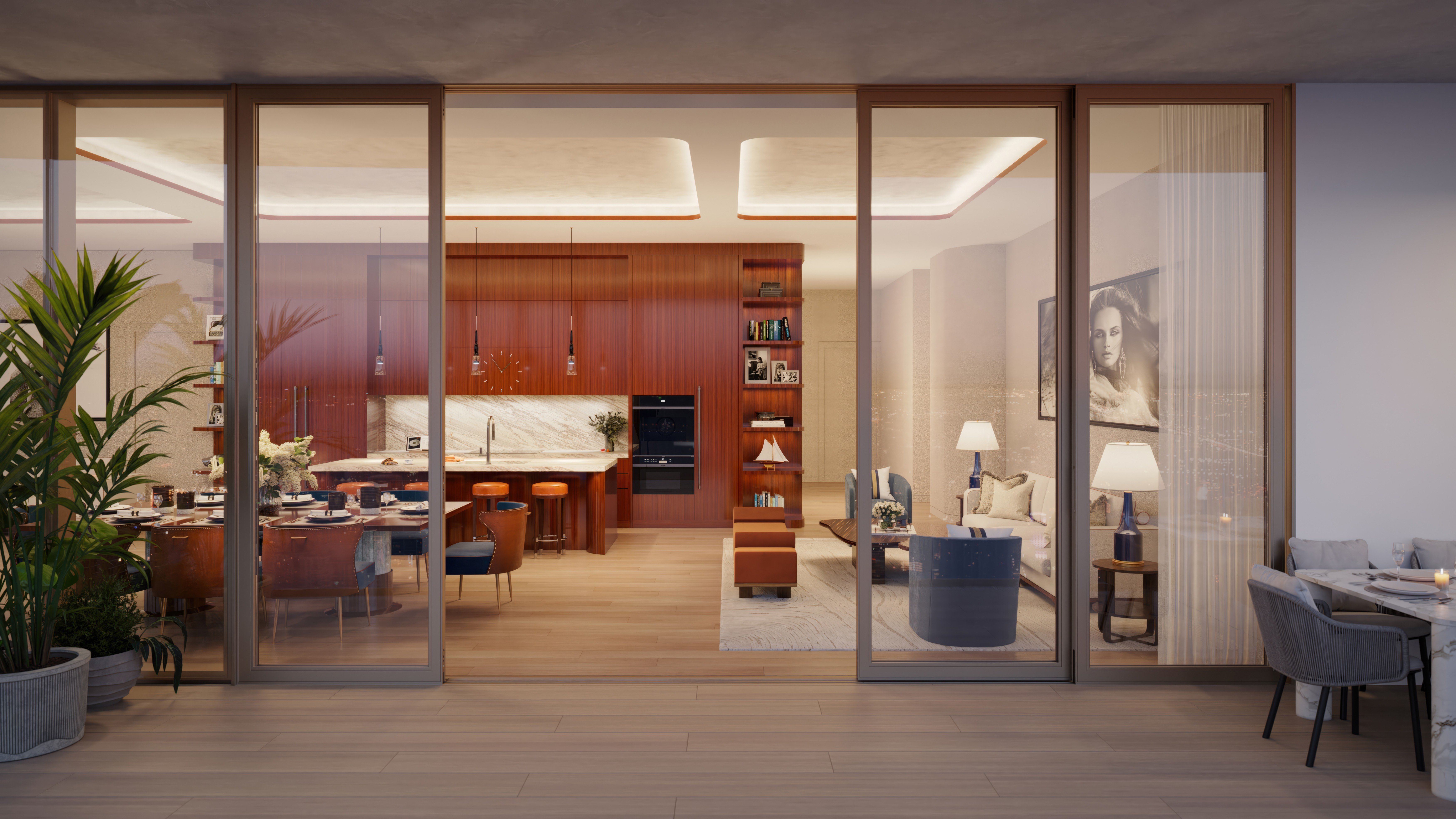 Cipriani Residences Brickell open dining and living space; luxury interiors for ultra luxury preconstruction condos in Brickell, Miami. Featuring modern interior.