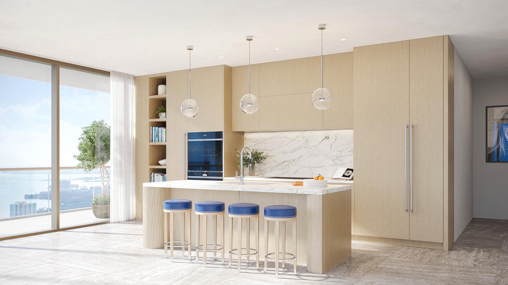 Cipriani Residences Brickell modern kitchen design; luxury cabinetry for ultra luxury preconstruction condos in Brickell, Miami. Featuring interior.