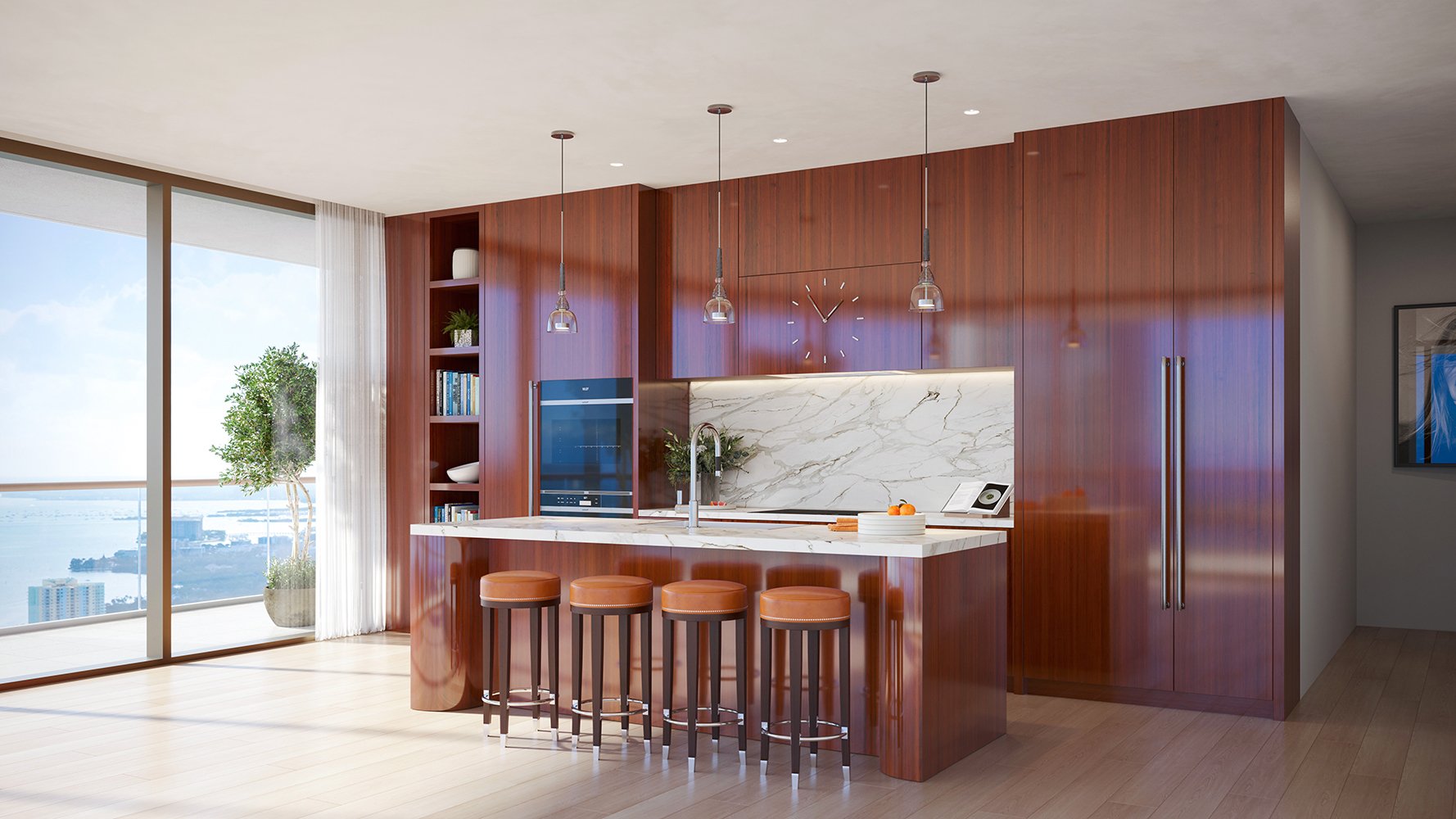 Cipriani Residences Brickell kitchen with scenic water view; luxury culinary space for ultra luxury preconstruction condos in Brickell, Miami. Featuring modern interior.