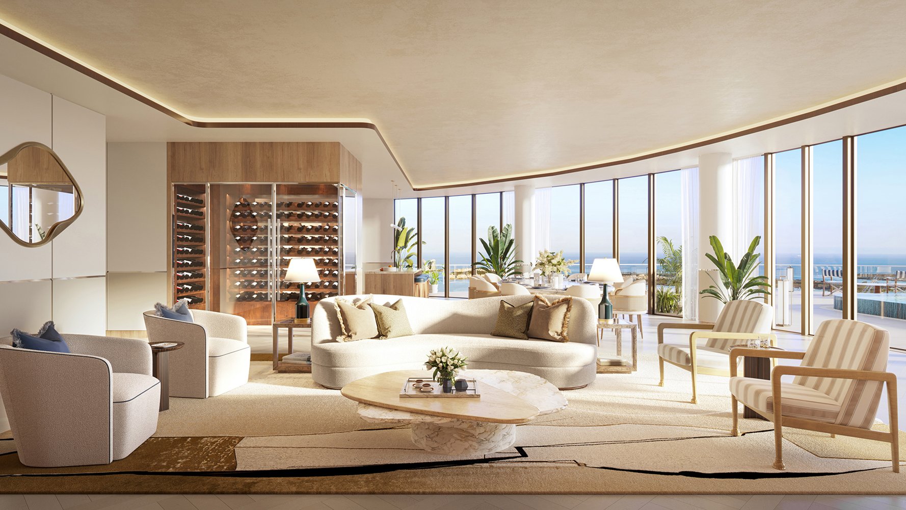 Cipriani Residences Brickell living room with ocean view; luxury waterfront interiors for ultra luxury preconstruction condos in Brickell, Miami. Featuring modern interior.
