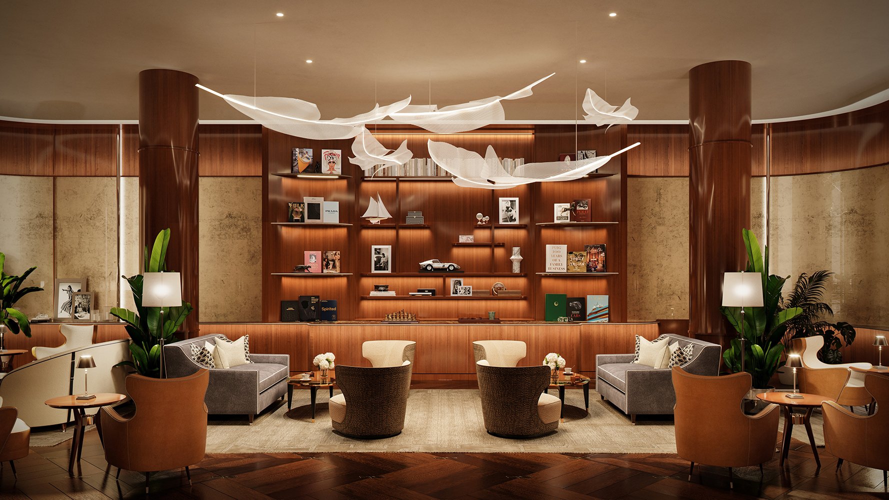 Cipriani Residences Brickell modern lounge interior; luxury social amenity for ultra luxury preconstruction condos in Brickell, Miami. Featuring design.