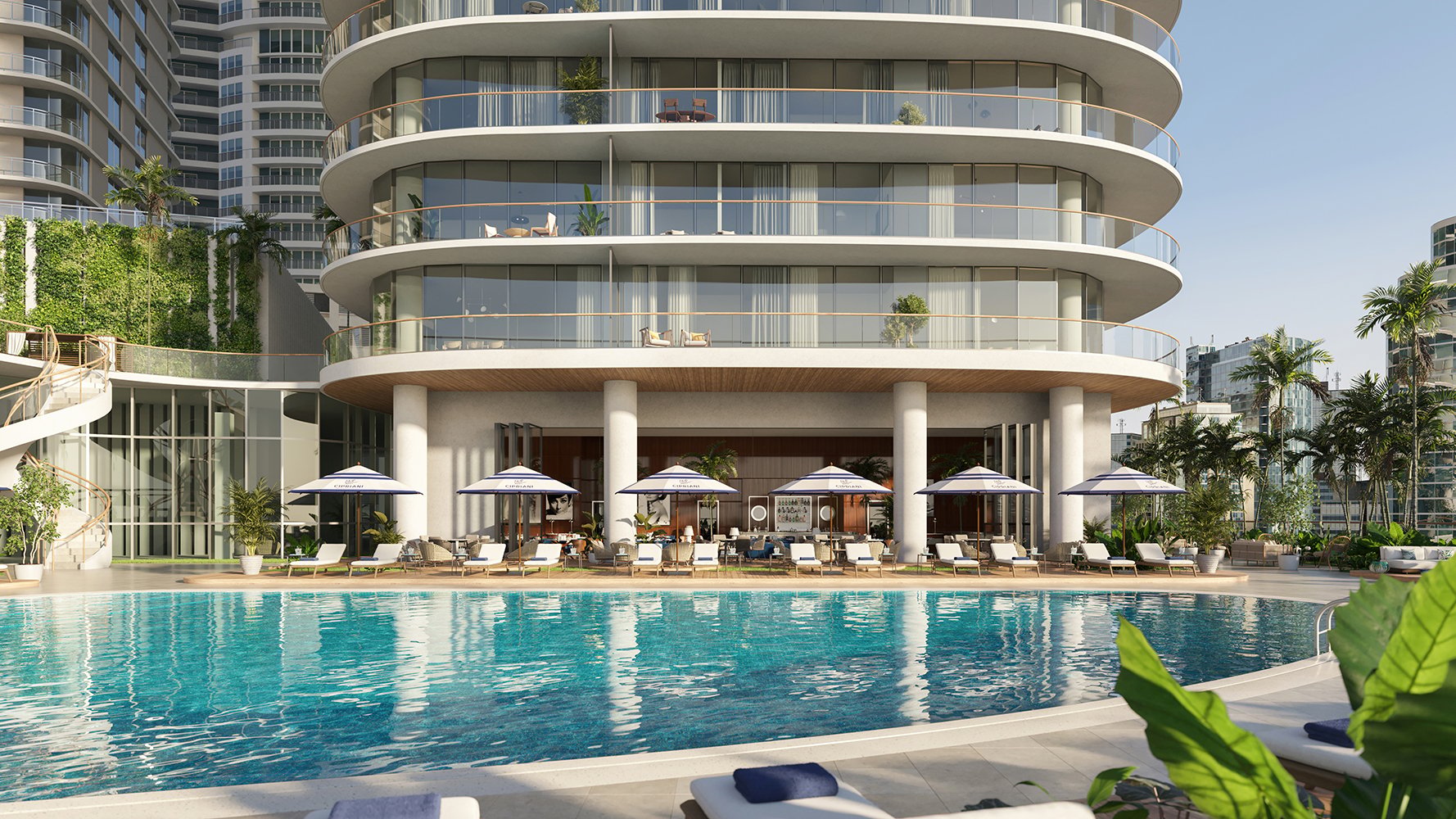 Cipriani Residences Brickell resort-style swimming pool; luxury amenity for ultra luxury preconstruction condos in Brickell, Miami.