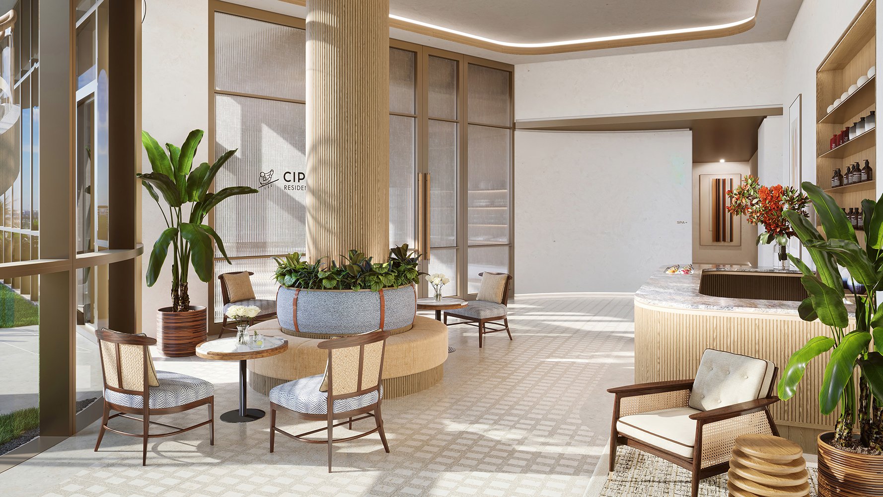 Cipriani Residences Brickell spa lobby with modern design; luxury wellness amenity for ultra luxury preconstruction condos in Brickell, Miami. Featuring interior.