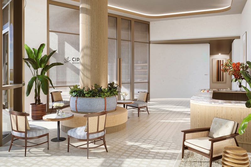 Cipriani Residences Brickell spa lobby with modern design; luxury wellness amenity for ultra luxury preconstruction condos in Brickell, Miami. Featuring interior.