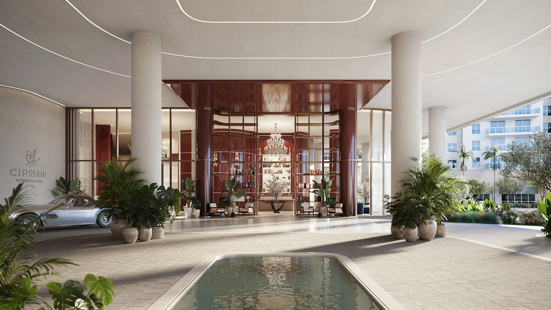 Cipriani Residences Miami exterior entrance; luxury arrival for ultra luxury preconstruction condos in Brickell, Miami.